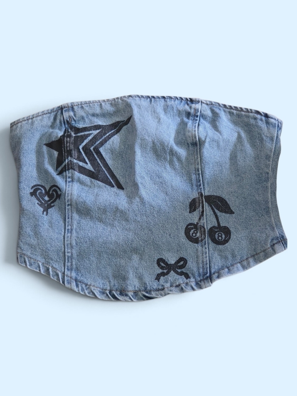 Forever 21 Light Denim Strapless Tube Top with Black Motifs